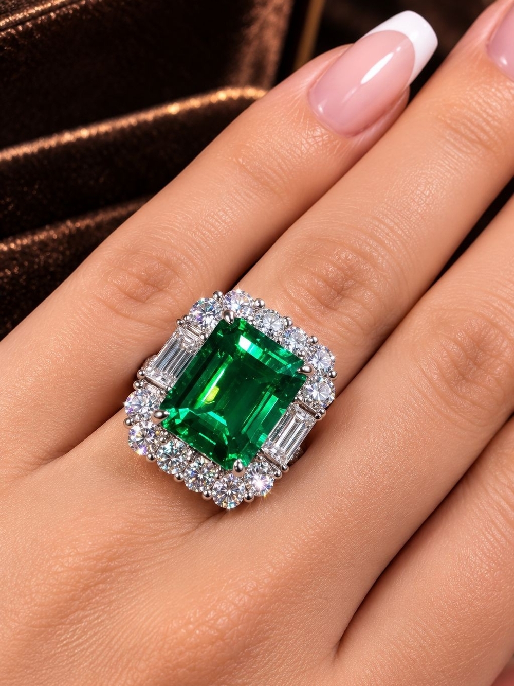 Luxury Emerald-Glass Halo Cocktail Ring in Green and Silver
